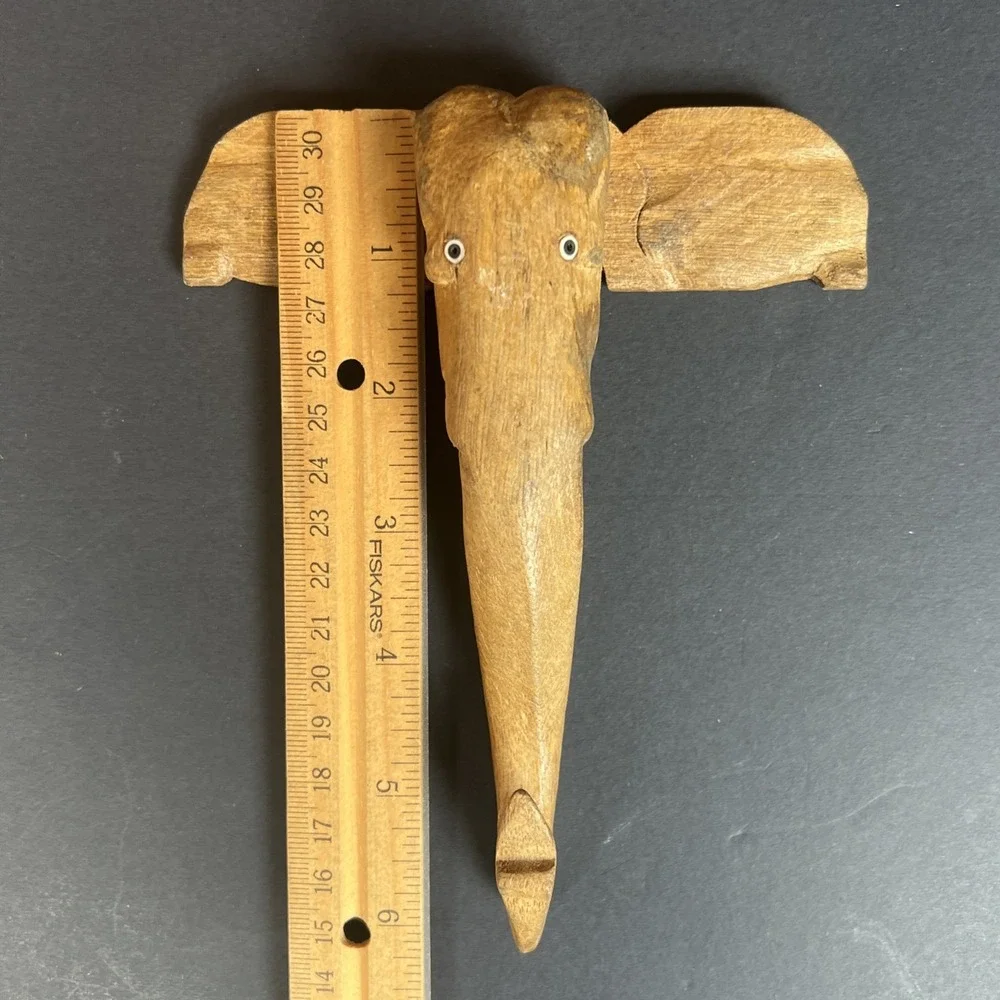 VTG Hand Carved Wooden Elephant Wall Hook Folk Art Safari Decor 6.25